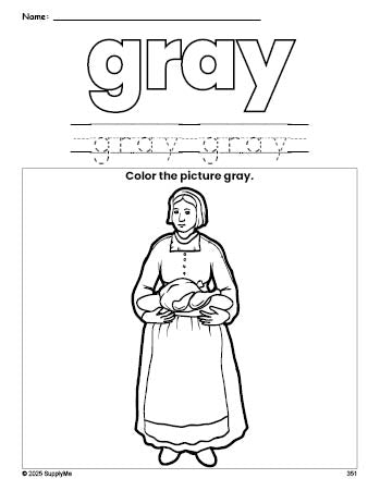 Free Thanksgiving pilgrim color gray coloring page and color worksheet, gray worksheet for preschoolers to learn colors, printable PDF