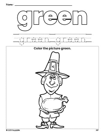 Free Thanksgiving pilgrim color green coloring page and color worksheet, green worksheet for preschoolers to learn colors, printable PDF