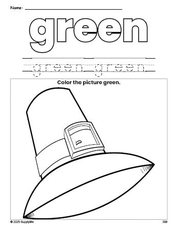 Free Thanksgiving pilgrim color green coloring page and color worksheet, green worksheet for preschoolers to learn colors, printable PDF