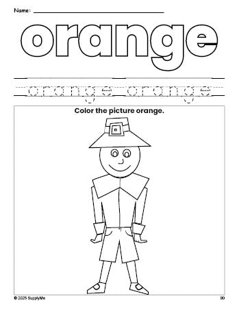 Free Thanksgiving pilgrim color orange coloring page and color worksheet, orange worksheet for preschoolers to learn colors, printable PDF