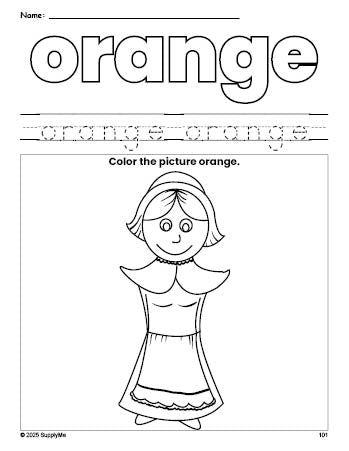 Free Thanksgiving pilgrim color orange coloring page and color worksheet, orange worksheet for preschoolers to learn colors, printable PDF
