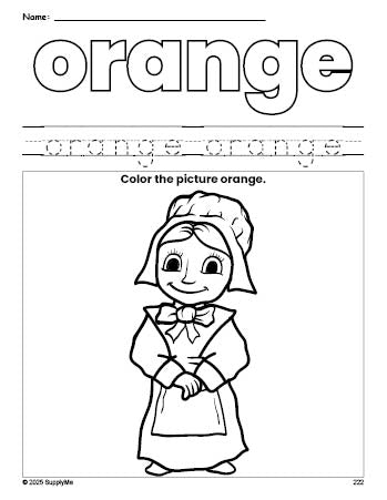 Free Thanksgiving pilgrim color orange coloring page and color worksheet, orange worksheet for preschoolers to learn colors, printable PDF