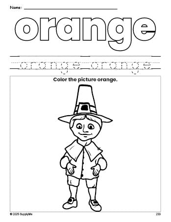 Free Thanksgiving pilgrim color orange coloring page and color worksheet, orange worksheet for preschoolers to learn colors, printable PDF