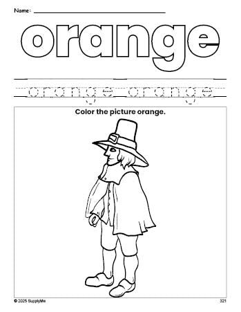 Free Thanksgiving pilgrim color orange coloring page and color worksheet, orange worksheet for preschoolers to learn colors, printable PDF