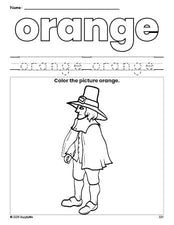 Free Thanksgiving pilgrim color orange coloring page and color worksheet, orange worksheet for preschoolers to learn colors, printable PDF