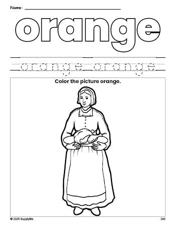 Free Thanksgiving pilgrim color orange coloring page and color worksheet, orange worksheet for preschoolers to learn colors, printable PDF