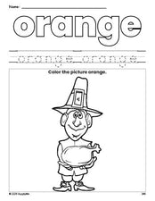 Free Thanksgiving pilgrim color orange coloring page and color worksheet, orange worksheet for preschoolers to learn colors, printable PDF