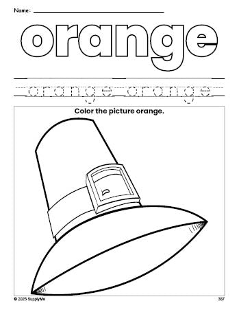 Free Thanksgiving pilgrim color orange coloring page and color worksheet, orange worksheet for preschoolers to learn colors, printable PDF