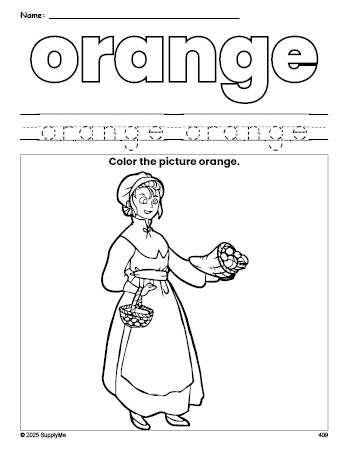 Free Thanksgiving pilgrim color orange coloring page and color worksheet, orange worksheet for preschoolers to learn colors, printable PDF