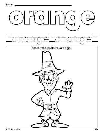 Free Thanksgiving pilgrim color orange coloring page and color worksheet, orange worksheet for preschoolers to learn colors, printable PDF