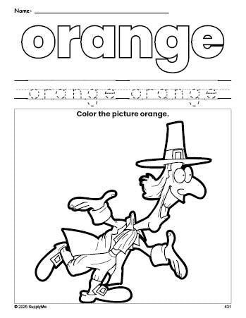 Free Thanksgiving pilgrim color orange coloring page and color worksheet, orange worksheet for preschoolers to learn colors, printable PDF