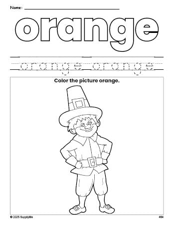 Free Thanksgiving pilgrim color orange coloring page and color worksheet, orange worksheet for preschoolers to learn colors, printable PDF