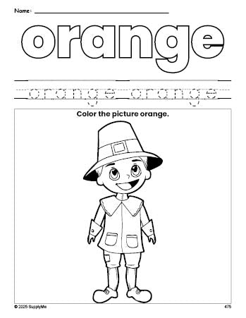 Free Thanksgiving pilgrim color orange coloring page and color worksheet, orange worksheet for preschoolers to learn colors, printable PDF