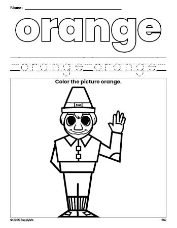 Free Thanksgiving pilgrim color orange coloring page and color worksheet, orange worksheet for preschoolers to learn colors, printable PDF