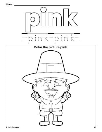 Free Thanksgiving pilgrim color pink coloring page and color worksheet, pink worksheet for preschoolers to learn colors, printable PDF