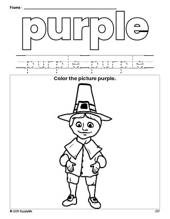 Free Thanksgiving pilgrim color purple coloring page and color worksheet, purple worksheet for preschoolers to learn colors, printable PDF