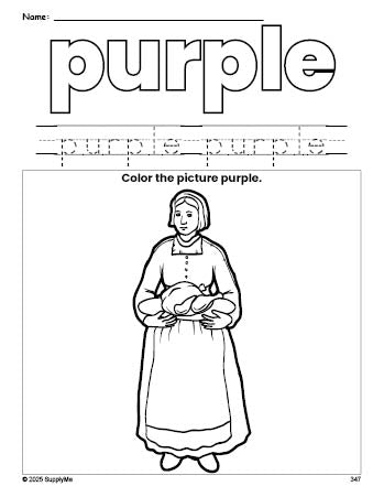 Free Thanksgiving pilgrim color purple coloring page and color worksheet, purple worksheet for preschoolers to learn colors, printable PDF