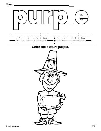 Free Thanksgiving pilgrim color purple coloring page and color worksheet, purple worksheet for preschoolers to learn colors, printable PDF