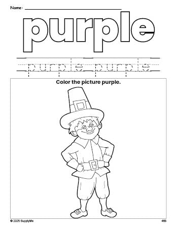 Free Thanksgiving pilgrim color purple coloring page and color worksheet, purple worksheet for preschoolers to learn colors, printable PDF