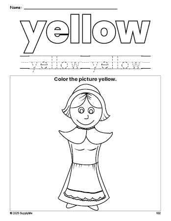 Free Thanksgiving pilgrim color yellow coloring page and color worksheet, yellow worksheet for preschoolers to learn colors, printable PDF