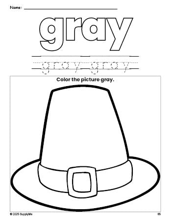 Free Thanksgiving pilgrim hat color gray coloring page and color worksheet, gray worksheet for preschoolers to learn colors, printable PDF