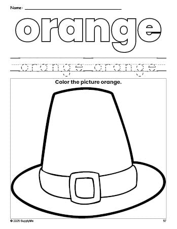 Free Thanksgiving pilgrim hat color orange coloring page and color worksheet, orange worksheet for preschoolers to learn colors, printable PDF