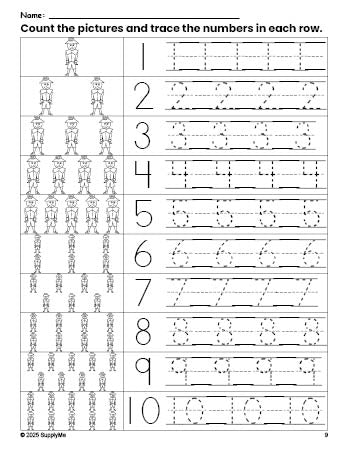 Free printable Thanksgiving pilgrim counting worksheet for preschool and pre-k with number tracing practice 1-10, PDF