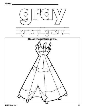 Free Thanksgiving teepee color gray coloring page and color worksheet, gray worksheet for preschoolers to learn colors, printable PDF