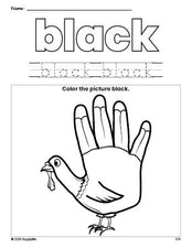Free Thanksgiving turkey color black coloring page and color worksheet, black worksheet for preschoolers to learn colors, printable PDF