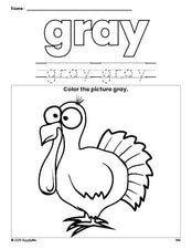 Free Thanksgiving turkey color gray coloring page and color worksheet, gray worksheet for preschoolers to learn colors, printable PDF