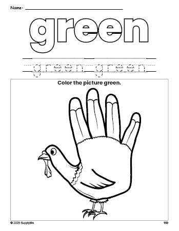 Free Thanksgiving turkey color green coloring page and color worksheet, green worksheet for preschoolers to learn colors, printable PDF