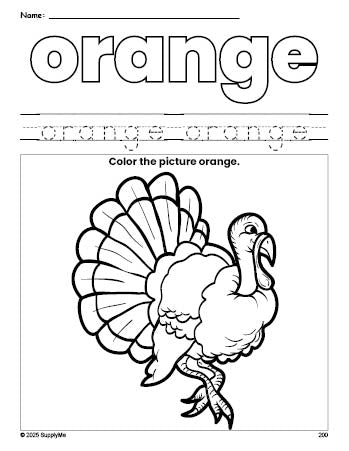 Free Thanksgiving turkey color orange coloring page and color worksheet, orange worksheet for preschoolers to learn colors, printable PDF