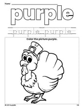Free Thanksgiving turkey color purple coloring page and color worksheet, purple worksheet for preschoolers to learn colors, printable PDF
