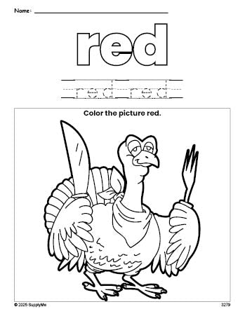 Free Thanksgiving turkey color red coloring page and color worksheet, red worksheet for preschoolers to learn colors, printable PDF