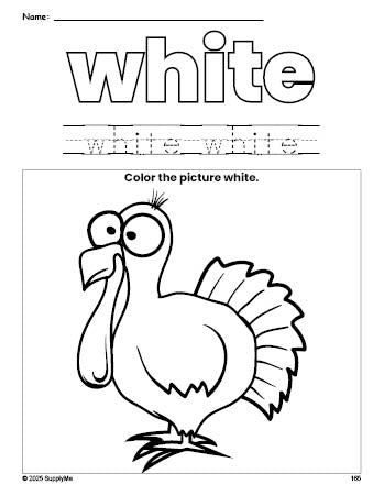 Free Thanksgiving turkey color white coloring page and color worksheet, white worksheet for preschoolers to learn colors, printable PDF