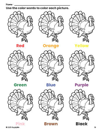 FREE Thanksgiving Turkey Coloring Page and Color Worksheet for ...