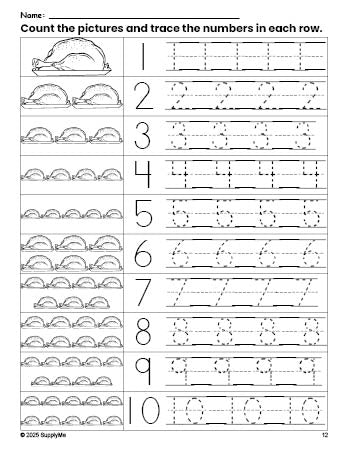 Free printable Thanksgiving turkey counting worksheet for preschool and pre-k with number tracing practice 1-10, PDF
