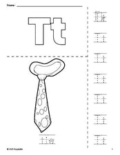 Free printable tie coloring page and letter tracing worksheet, letter t worksheet for preschool, pre-k, and kindergarten, PDF