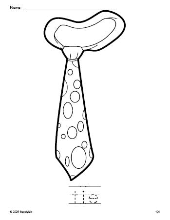 Free printable tie coloring page and word tracing worksheet, perfect for preschool, pre-k, and kindergarten, PDF