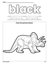 Free triceratops color black coloring page and color worksheet, black worksheet for preschoolers to learn colors, printable PDF