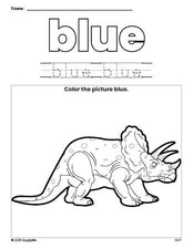 Free triceratops color blue coloring page and color worksheet, blue worksheet for preschoolers to learn colors, printable PDF