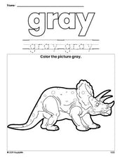 Free triceratops color gray coloring page and color worksheet, gray worksheet for preschoolers to learn colors, printable PDF