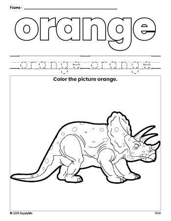 Free triceratops color orange coloring page and color worksheet, orange worksheet for preschoolers to learn colors, printable PDF