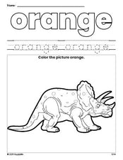 Free triceratops color orange coloring page and color worksheet, orange worksheet for preschoolers to learn colors, printable PDF