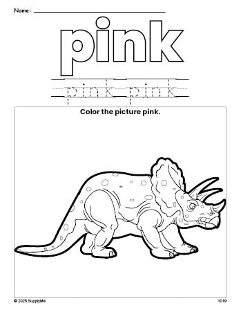 Free triceratops color pink coloring page and color worksheet, pink worksheet for preschoolers to learn colors, printable PDF