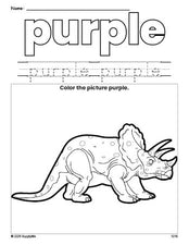 Free triceratops color purple coloring page and color worksheet, purple worksheet for preschoolers to learn colors, printable PDF
