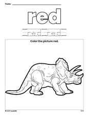 Free triceratops color red coloring page and color worksheet, red worksheet for preschoolers to learn colors, printable PDF