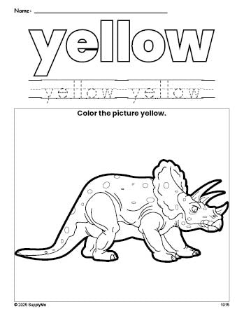 Free triceratops color yellow coloring page and color worksheet, yellow worksheet for preschoolers to learn colors, printable PDF