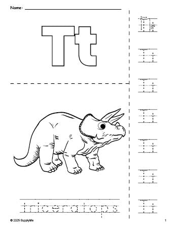 FREE Printable Triceratops Coloring Page and Letter Tracing Worksheet ...