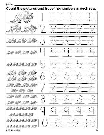 Free printable triceratops counting worksheet for preschool and pre-k with number tracing practice 1-10, PDF